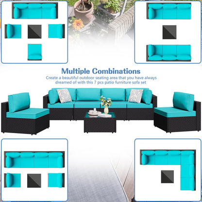 Shintenchi 7 Pieces Outdoor Patio Sectional Sofa Couch,PE Wicker Furniture Conversation Sets with Washable Cushions & Glass Coffee Table for Garden, Poolside, Backyard (Blue)