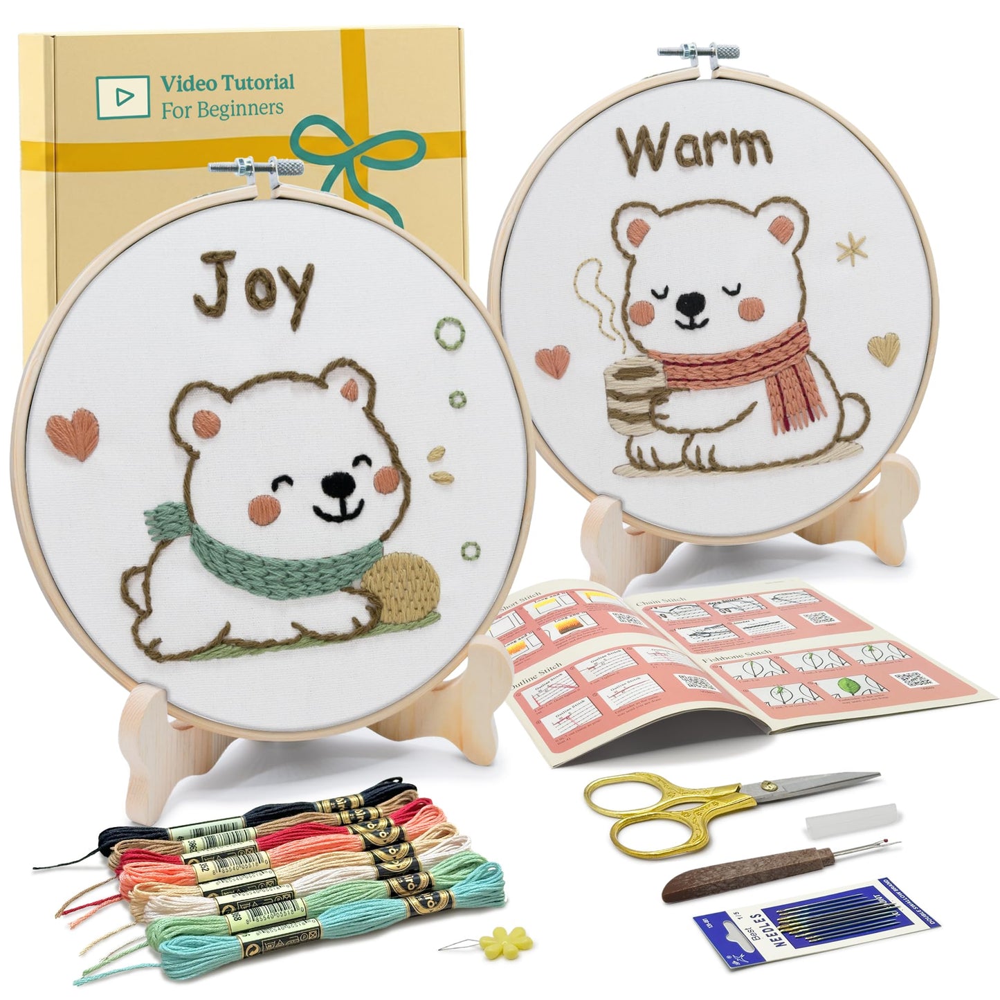 Bradove Embroidery Kit for Kids and Adults, Bears Embroidery Kit for Beginners, Easy Needlepoint Starter Kit with 2 Display Stands