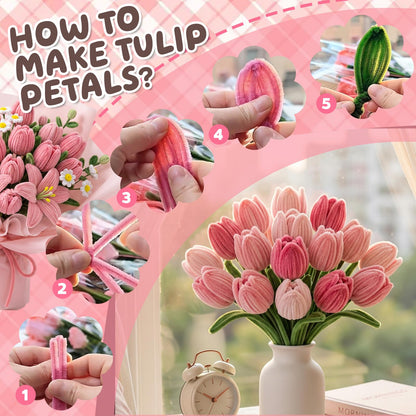 houlishu 400 Pcs Pipe Cleaners Craft Kit - 300 Pink 100 Green Chenille Stems with Floral Wires Stamens Ribbon Adhesive Tapes for DIY Flower Making