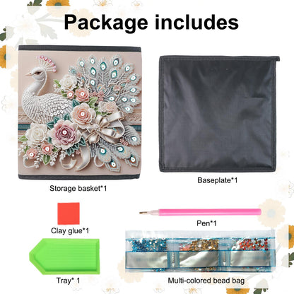 Diamond Painting Storage basket Kits for Adults,White Peacock Pattern of Special Shape Diamond Art Storage Basket,Book Clothing storage bag for Home Creative Decorate Gifts