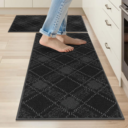 COSY HOMEER Kitchen Rugs and Mats Sets 2PCS Non-Slip Soft Kitchen Mats for Floor Absorbent and Stain Resistant Kitchen Floor Mat Washable Plaid Rugs for Kitchen,20"x32"+20"x48",Dark Grey