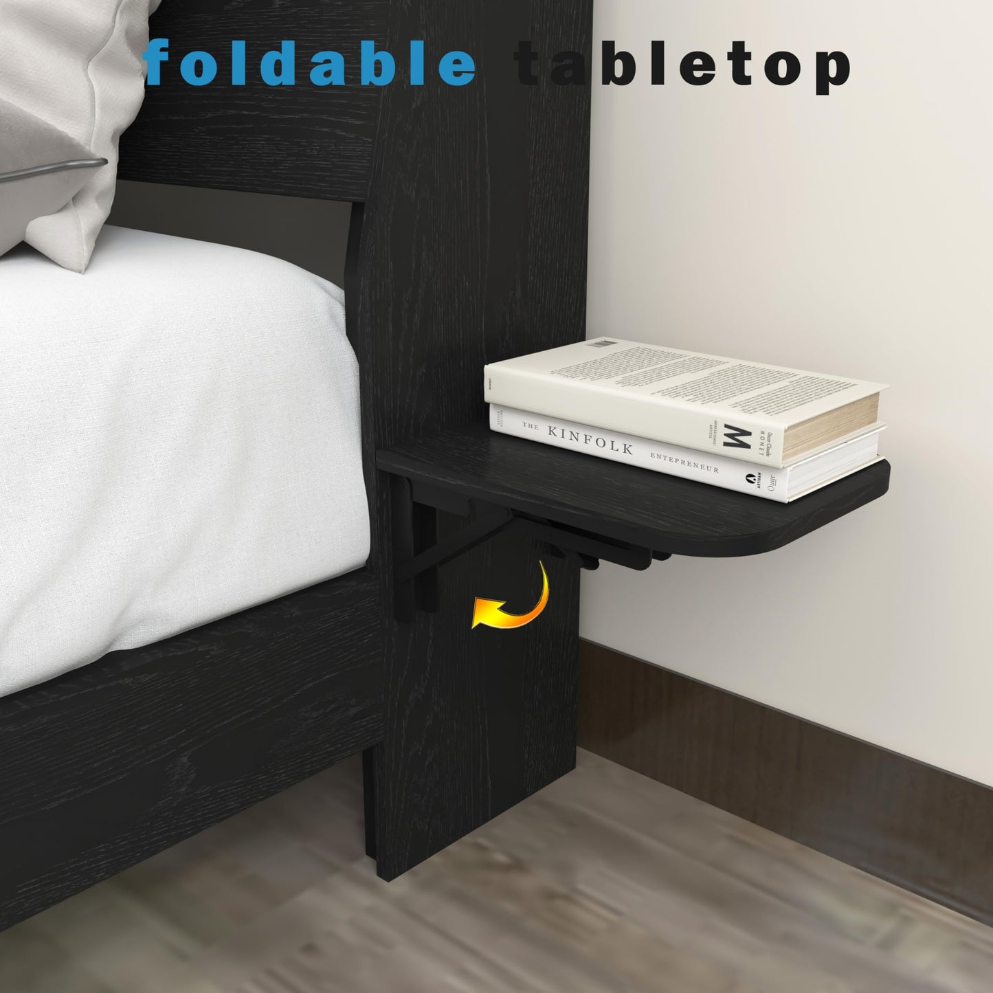 KEIKI Queen Size Floating Bed w/Storage Headboard & Tabletop, Farmhouse Wood Platform Beds Frame w/Light & Charging Station, Solid Bedframe Queen, No Box Springs Needed, Easy Assembly, Black