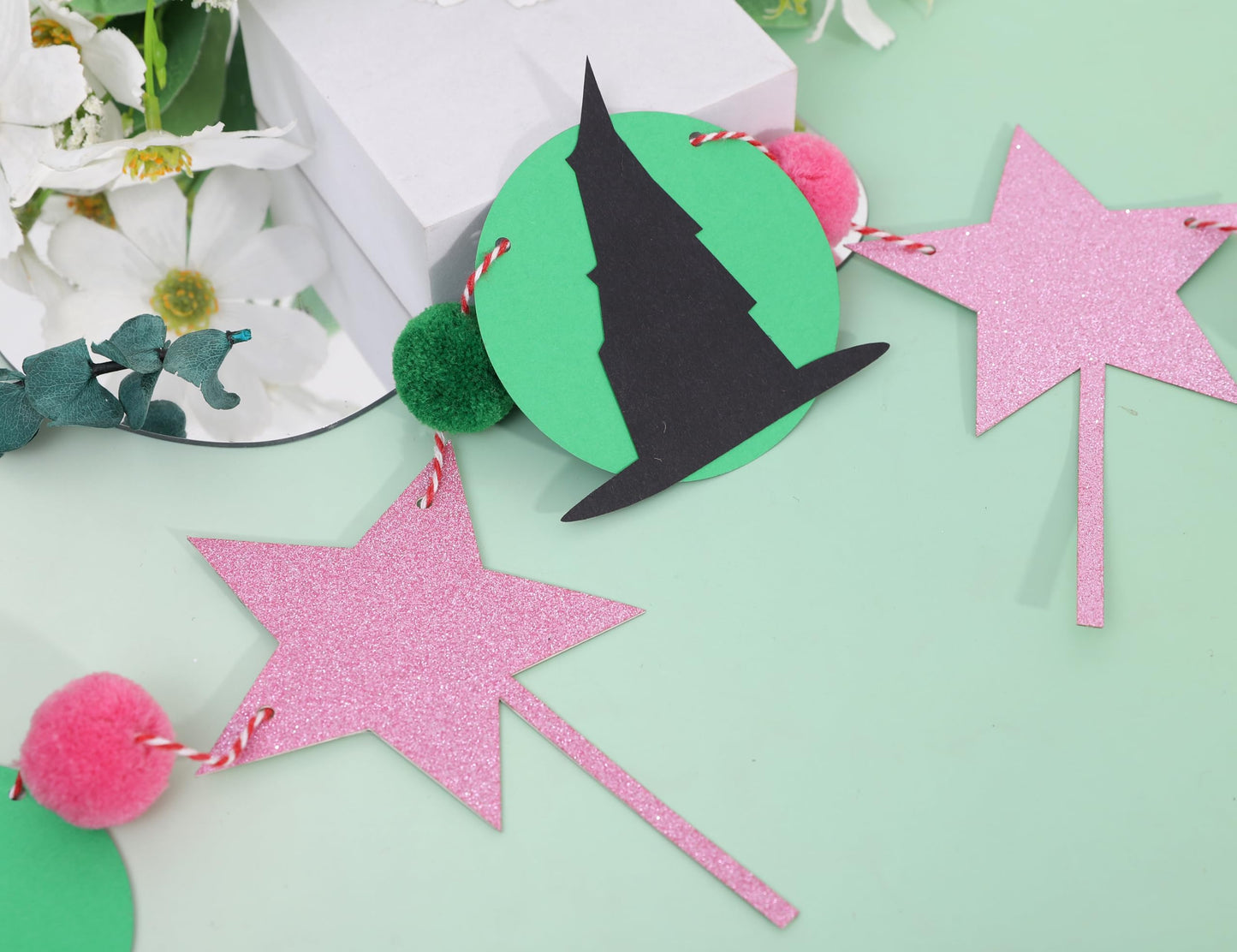 Witch Garland Banner – Pink Fairy Wand and Witch Hat Garland with Pom Poms, Halloween Magic Party Decorations for Girls Birthday, Wizard Theme Decor