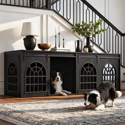 IRONCK 90.2" Double Room Dog Crate Furniture with Sliding Doors– Heavy Duty Wooden Dog Kennel with Hinged Divider, TV Stand & End Table for Large to Medium Dogs, Black