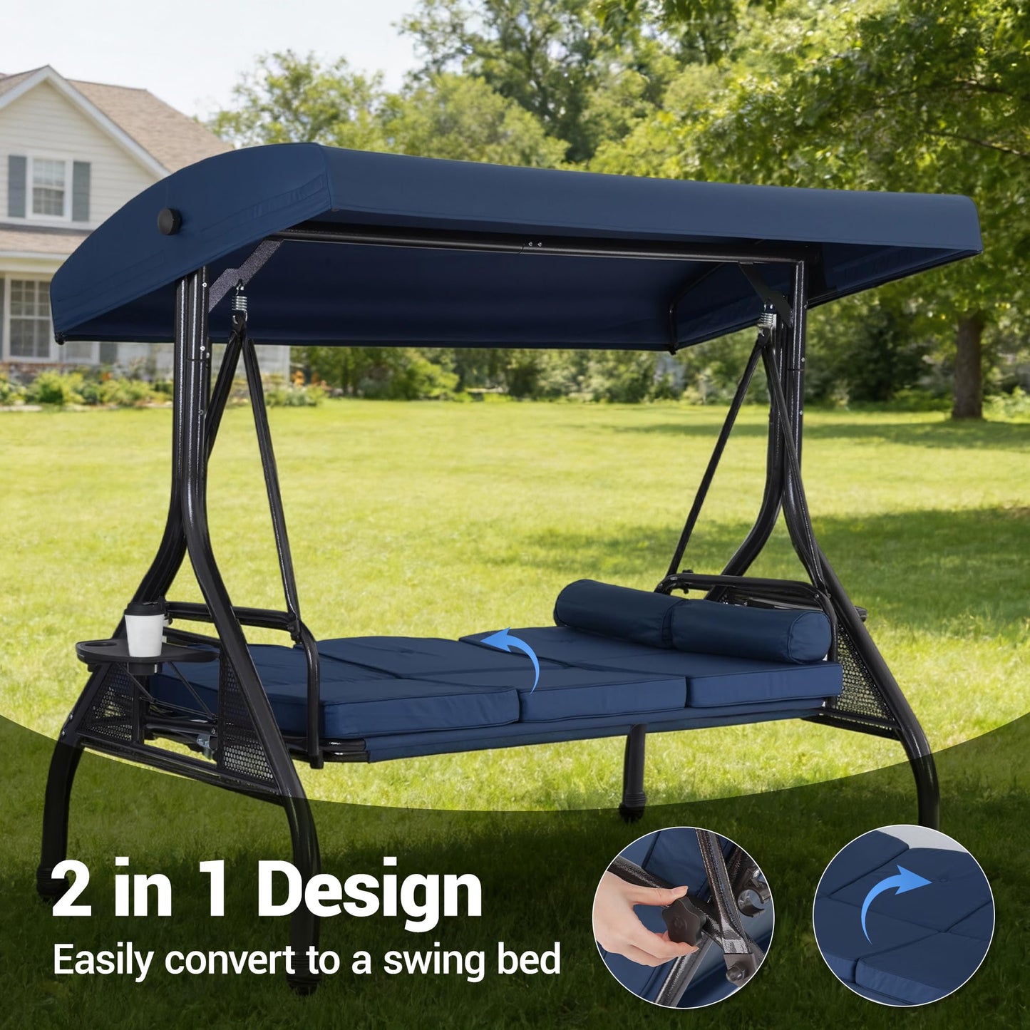 WINVO 3-Seat Outdoor Porch Swing with Adjustable Canopy, 2 in 1 Convertible Patio Swing Bed, Patio Glider Swing for Adult, with Cup Holder and Pillow for Backyard, Blue