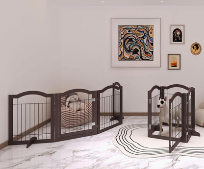 Vantas Folding No-Assembly Dog Door Pet Gate 96" Wide, 30" Tall Wooden Dog Gate with Door Walk Through, Freestanding Wire Pet Gate, Pet Puppy Safety Fence, with 2PCS Support – Espresso