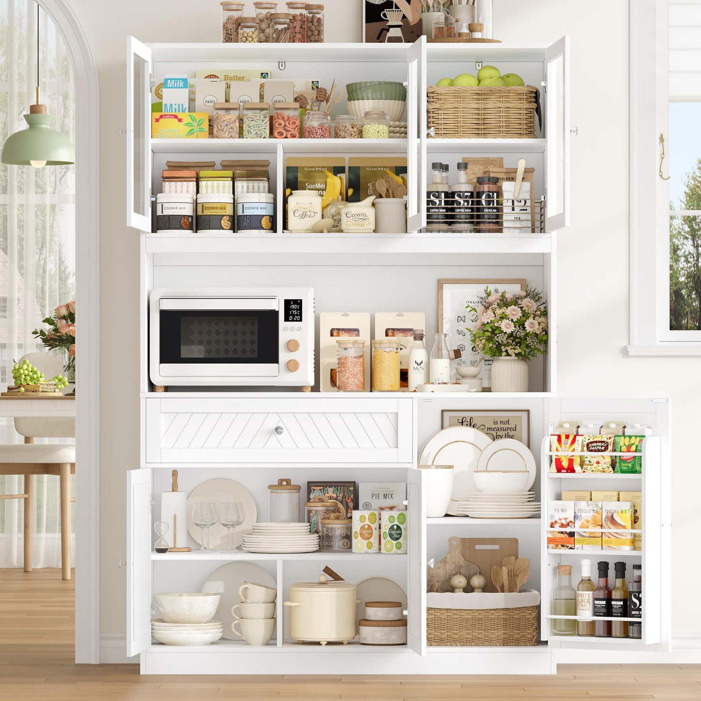 BOTLOG 72” Tall Kitchen Pantry Storage Cabinet, Modern White Kitchen Hutch with Large Storage Drawer, Countertop, Adjustable Shelves, Food Pantry Cabinets for Dining Room, Living Room