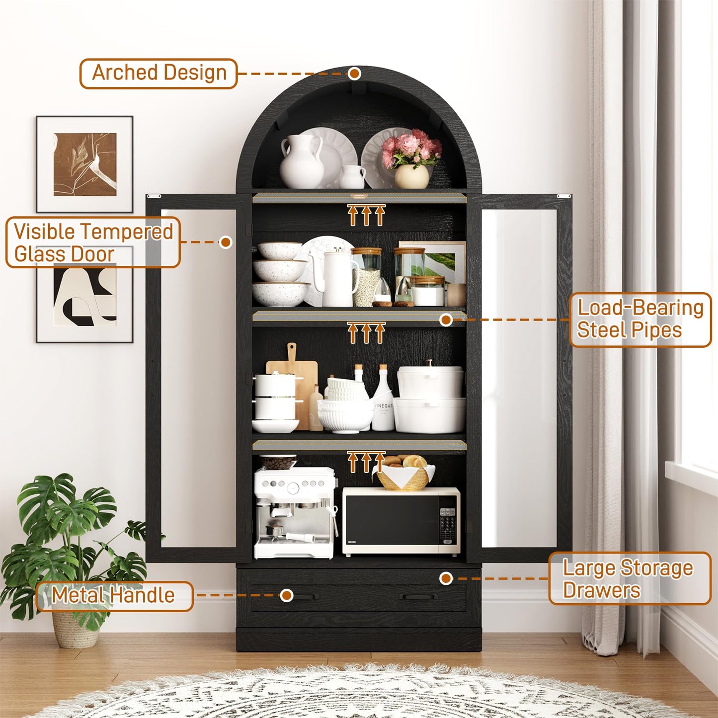 75" Tall Arched Kitchen Pantry Cabinet w Load-Bearing Steel Pipe,Modern Farmhouse Kitchens Storage Cabinet with Drawer and Glass Doors,Tall Arched Bookcase,Pantry Organizer(Woodgrain Black)