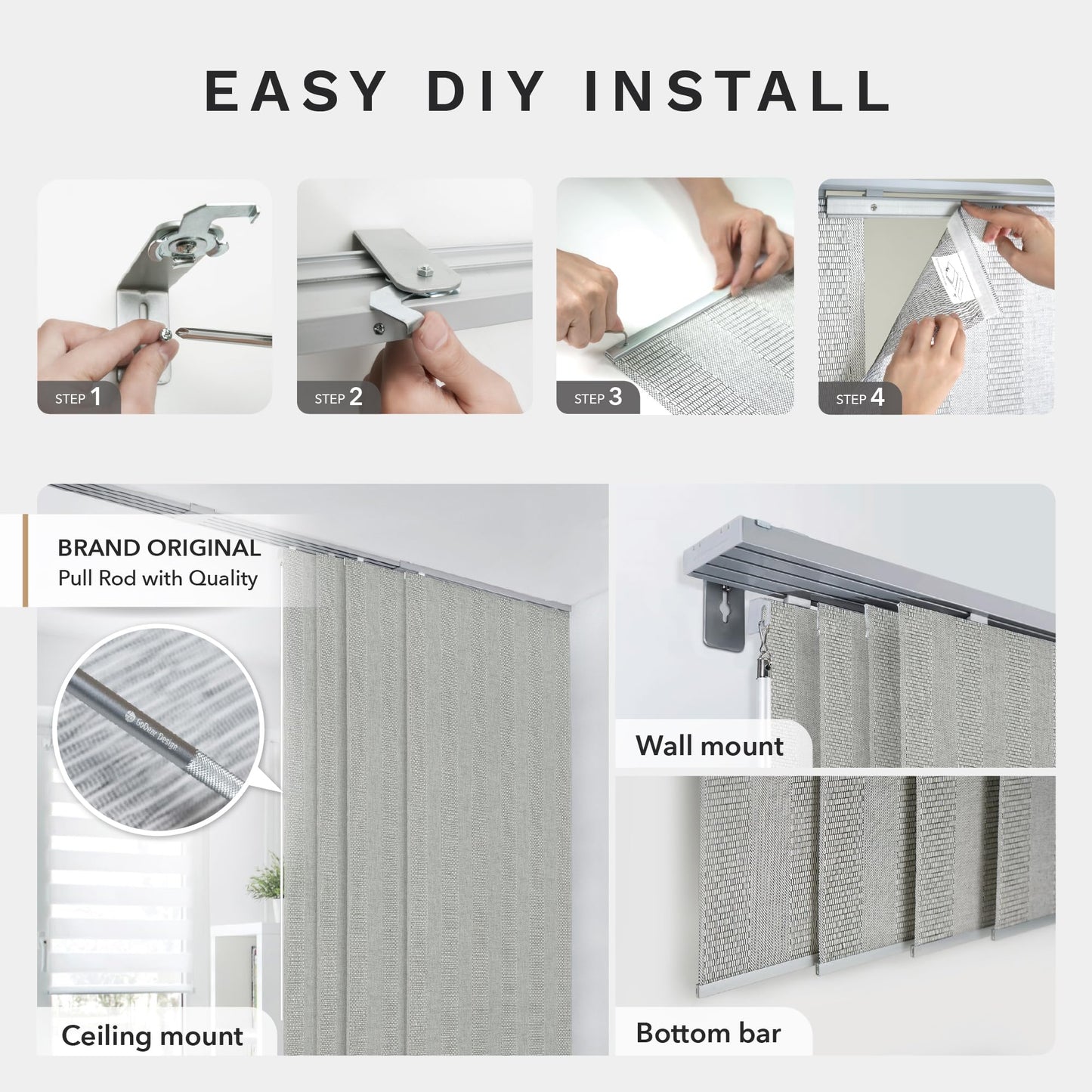 GoDear Design 99.99% Blackout Adjustable Sliding Panel Track Blinds for Sliding Glass Doors 45.8"- 86" W x 96" H, Extendable Vertical Blinds, Trimmable Natural Woven Panel, Bali Cottages