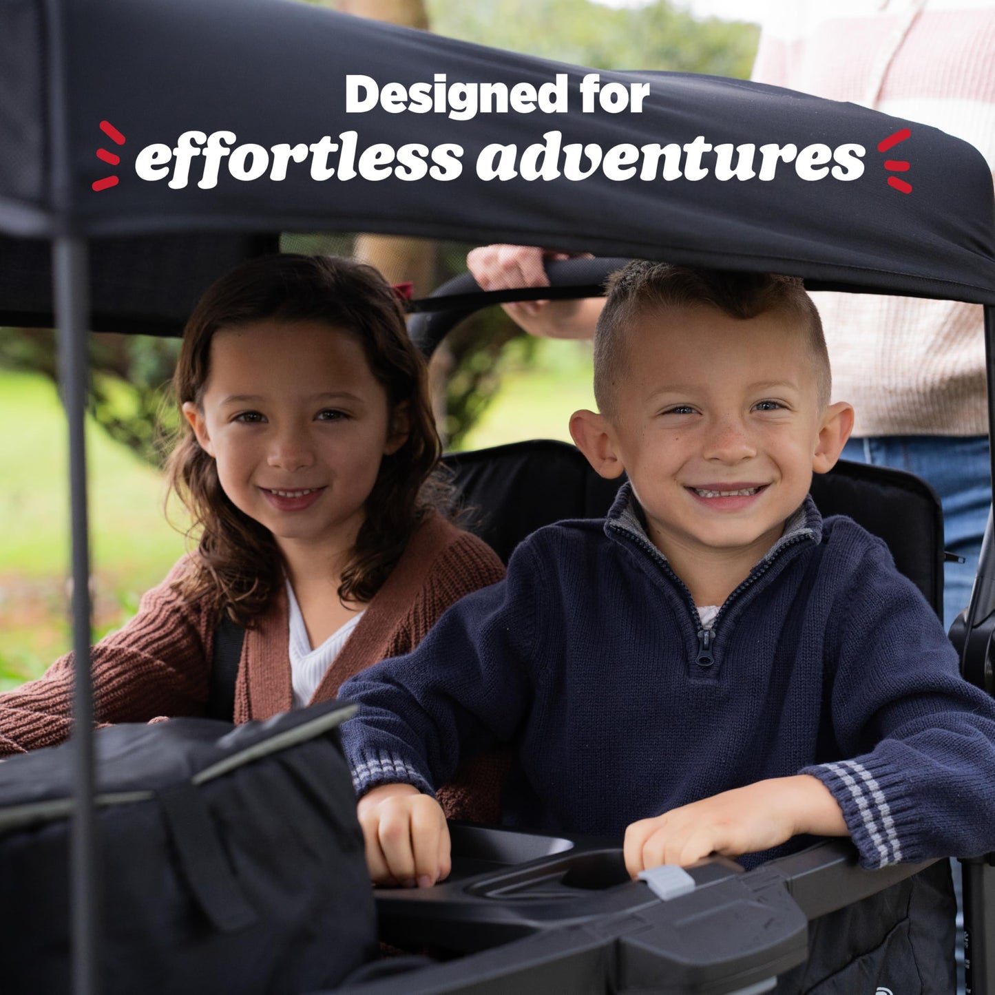 Radio Flyer Voya 2.0 XT 4-Seat Stroller Wagon, for Kids 6+ Months, Lightweight, Compact, Foldable, UV Canopy, Included Storage, Raised Folding Seats, Zippered Doors, Stroller Wagon for Kids