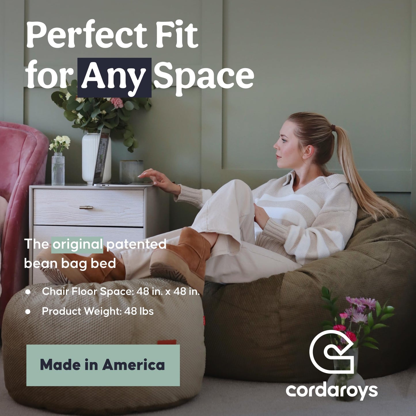 CordaRoy's Chenille Bean Bag Chair, Convertible Chair Folds from Bean Bag to Lounger, As Seen on Shark Tank, Moss - Queen Size