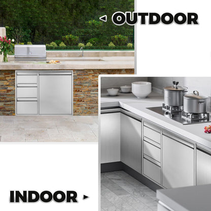POPMOON Outdoor Kitchen Drawer Combo with Triple Drawers & Trash Bin Compartment | Includes 2X 20L Trash Cans | Outdoor Kitchen Access Drawers for Grill Station, 28" W x 22" H x 19" D