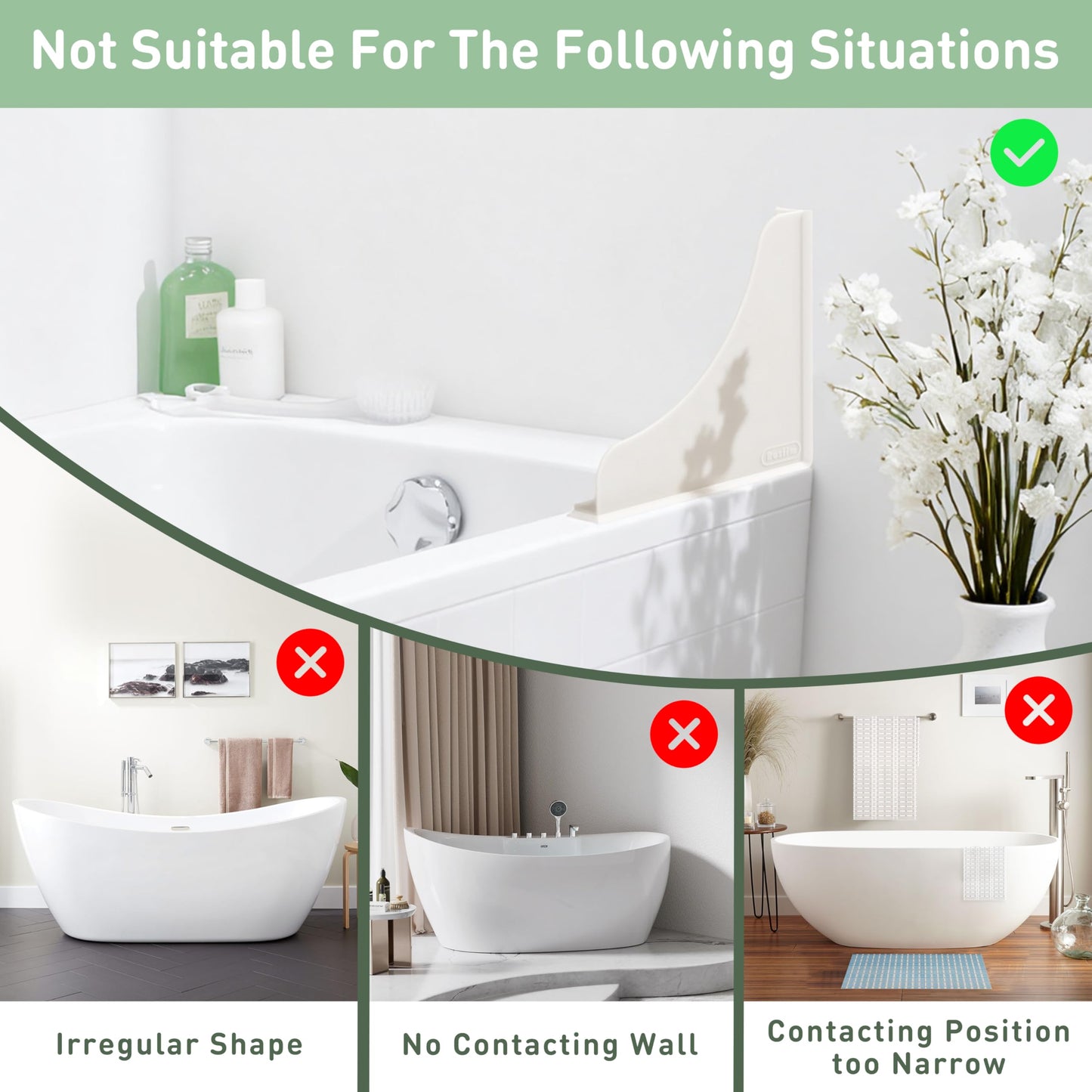 Roslim Shower Corner Splash Guard, 2 Pack No-Adhesive Silicone Bathtub Splash Guards with Suction Cups, Reusable Water Blocker for Tub & Walk-in Shower Corners, Keeps Floor Drier, White