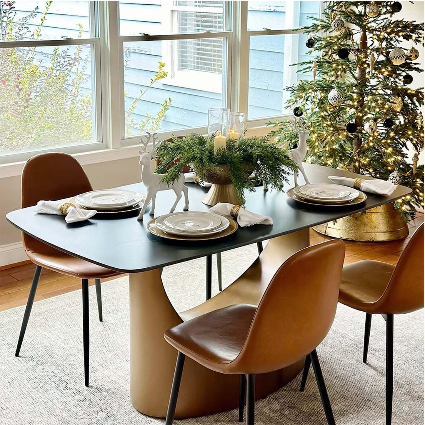 POVISON 71" Modern Dining Table for 6, Matte Black Heavy-Duty Dining Table, Sintered Stone Dining Tabletop with Bronze Carbon Steel Pedestal, 71 inch Rectangle Dining Room Table (Table Only)