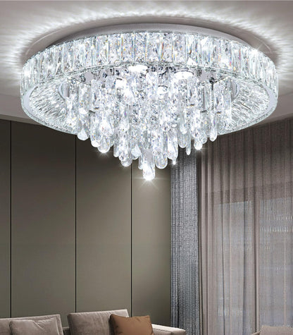 dolria 23.6" Modern Crystal Chandeliers LED Dimmable Flush Mount Ceiling Chandeliers for Living Room Entrance Foyer Bedroom Silver