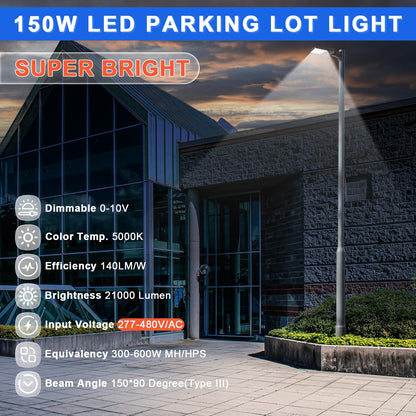 480V 150W LED Parking Lot Light, 5000K 21000LM [Eqv. 600W HPS] LED Shoebox Light with Direct Arm Mount, Dimmable Outdoor Street Area Lighting, IP65 10KV Surge Protection, AC277-480V
