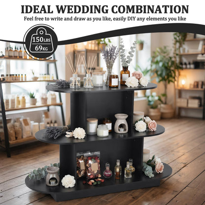 3 Tier Wooden Oval Display Table Large Storage Space Retail Table Modern Standing Display Riser Shelf for Stores Vendor Events 55in W x 23.6in D x 35in H (Black)