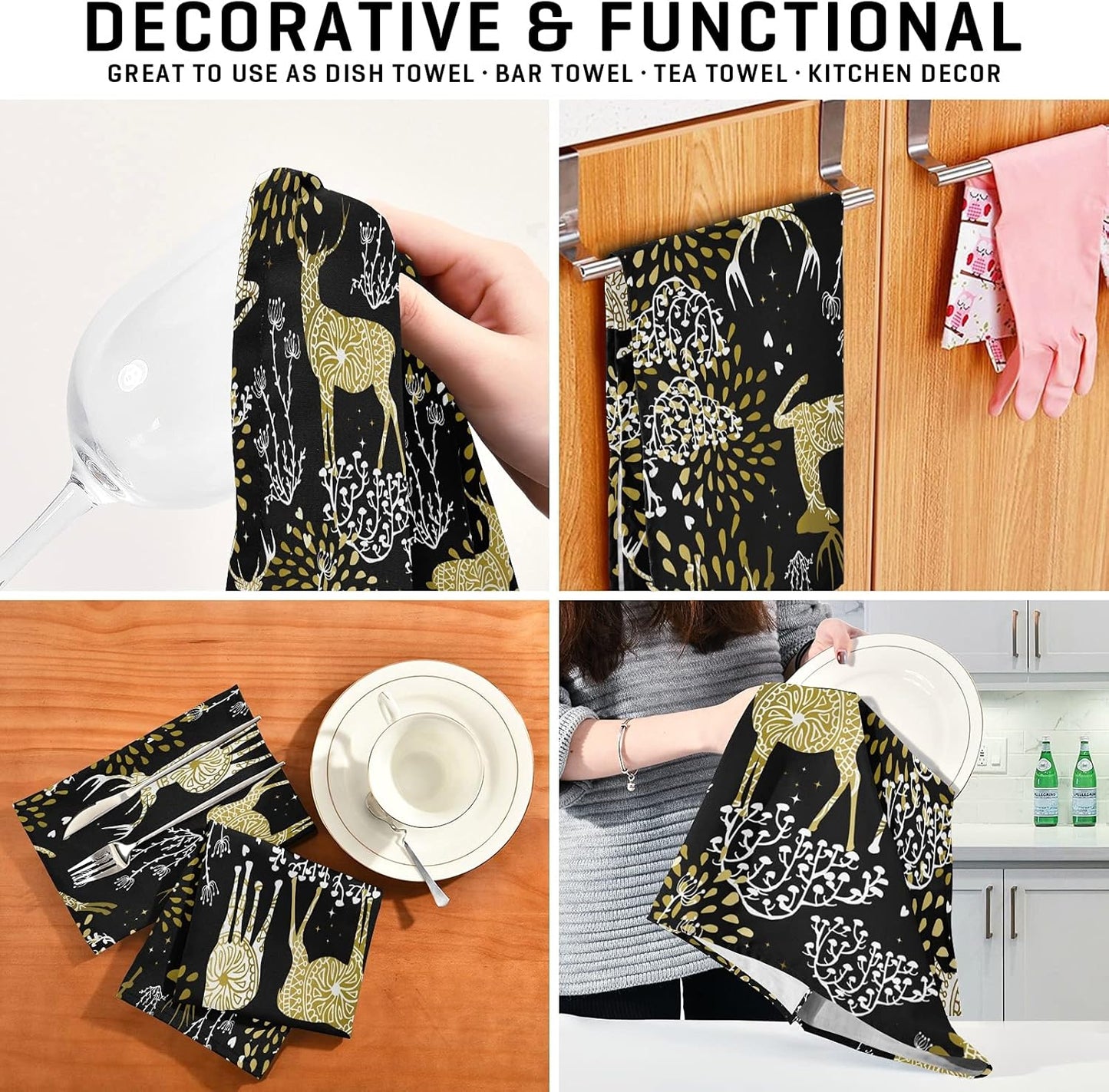 ALAZA Christmas Reindeer Gold Black Decorative Kitchen Dish Towels Set of 4, Soft Absorbent Kitchen Hand Towels, 18 x