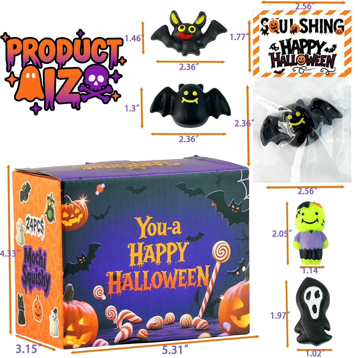24Pack Halloween Mochi Squishy Toys,Halloween Party Favors, Halloween Classroom Gifts,Bulk Spooky Squishies Toys, Goodie Bag Basket Fillers,Halloween Treats Non Candy for Kids