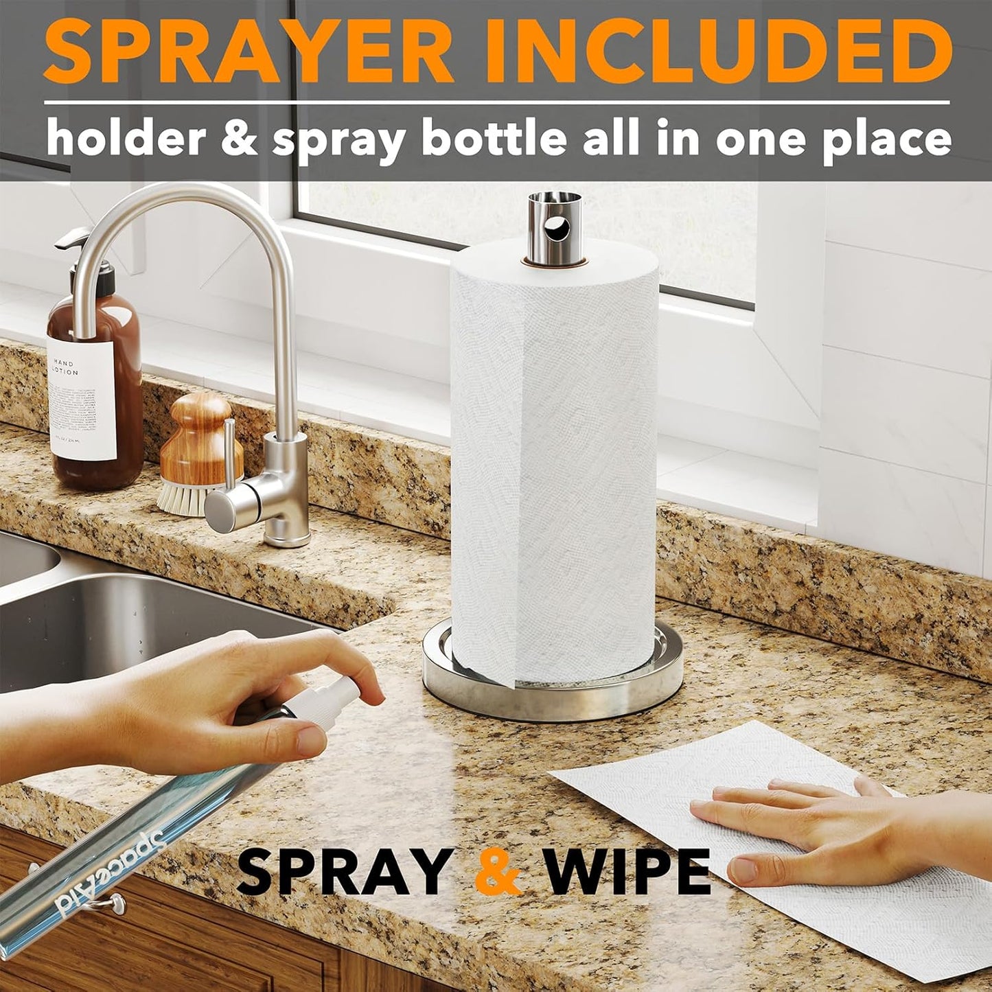2 1 Countertop SpaceAid in Paper Towel Holder with Spray Bottle, Paper Towels Holders Stand with Sprayer Inside Center
