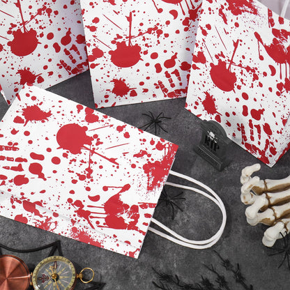 JarThenaAMCS 24 Pcs Halloween Paper Gift Bags with Handles and Tissue Paper Red Bloody Handprint Party Favor Bags for Gift Candy Goodie Snacks Trick or Treat Wrap Party Favors Supplies Decorations
