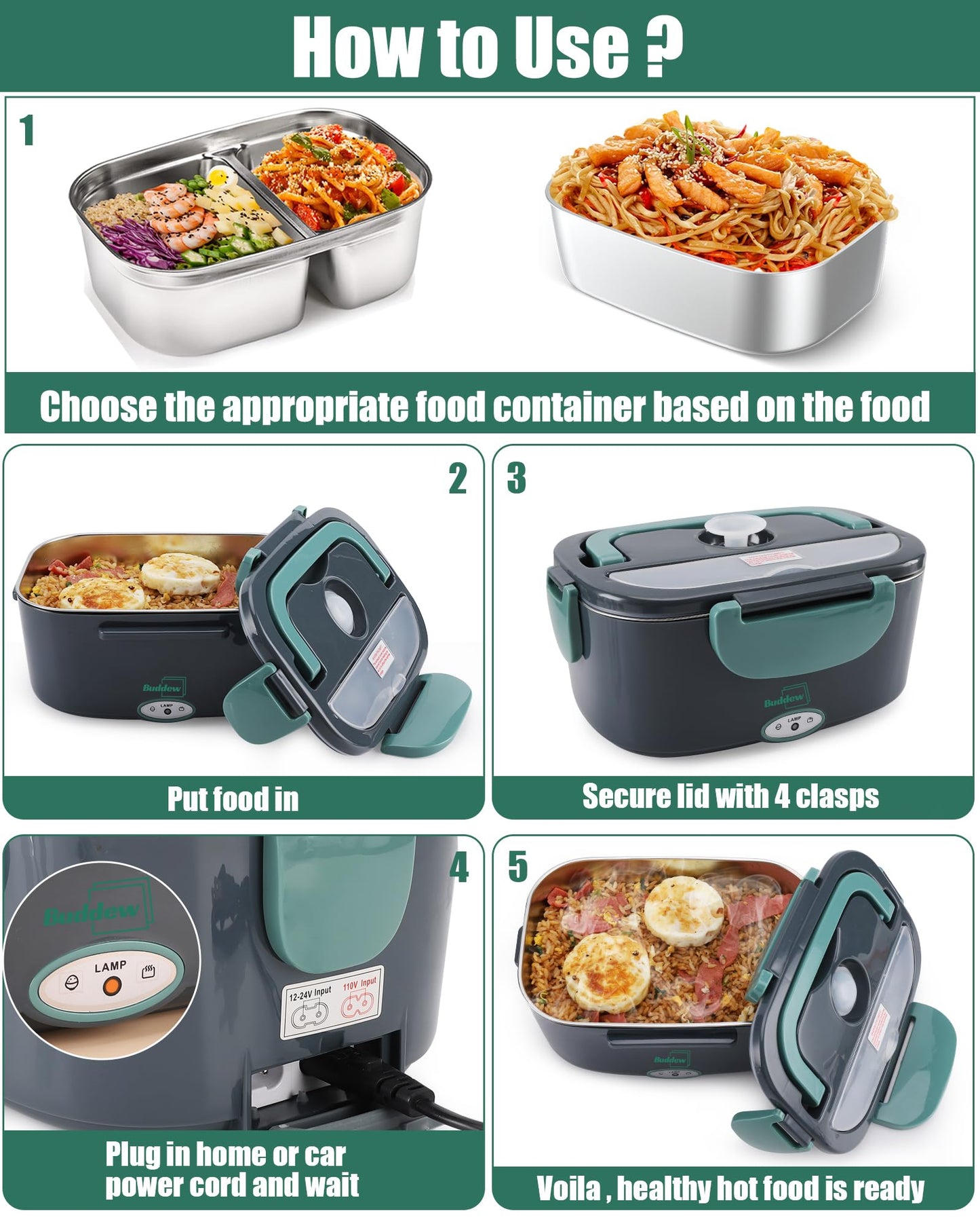 Buddew Electric Lunch Box 80W Food Heater with Dual Container, Portable Lunch Warmer for Adults, Upgraded Heated Lunch Box for Car/Truck/Office (GREEN-Dual Container)