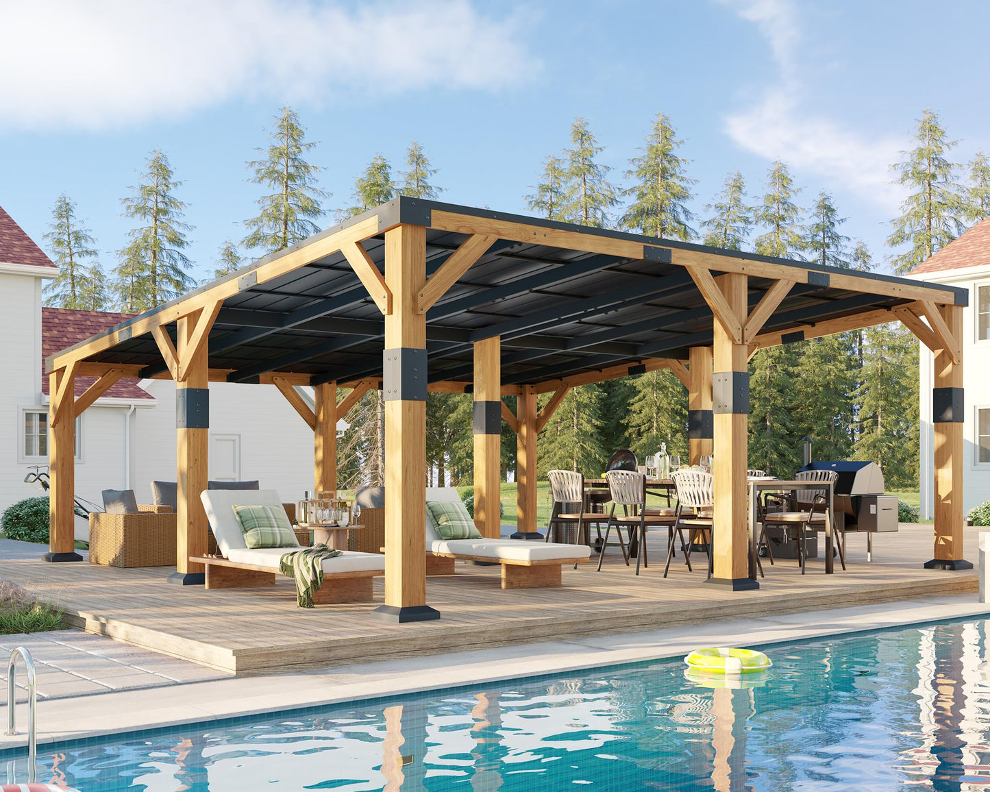 Jocisland 20' x 20' Cedar Wood Gazebo with Sloped Galvanized Steel Roof, Hardtop Gazebo Pavilion with Durable, Rot-Resistant Construction, Permanent Outdoor Pergola for Backyard, Garden & Deck