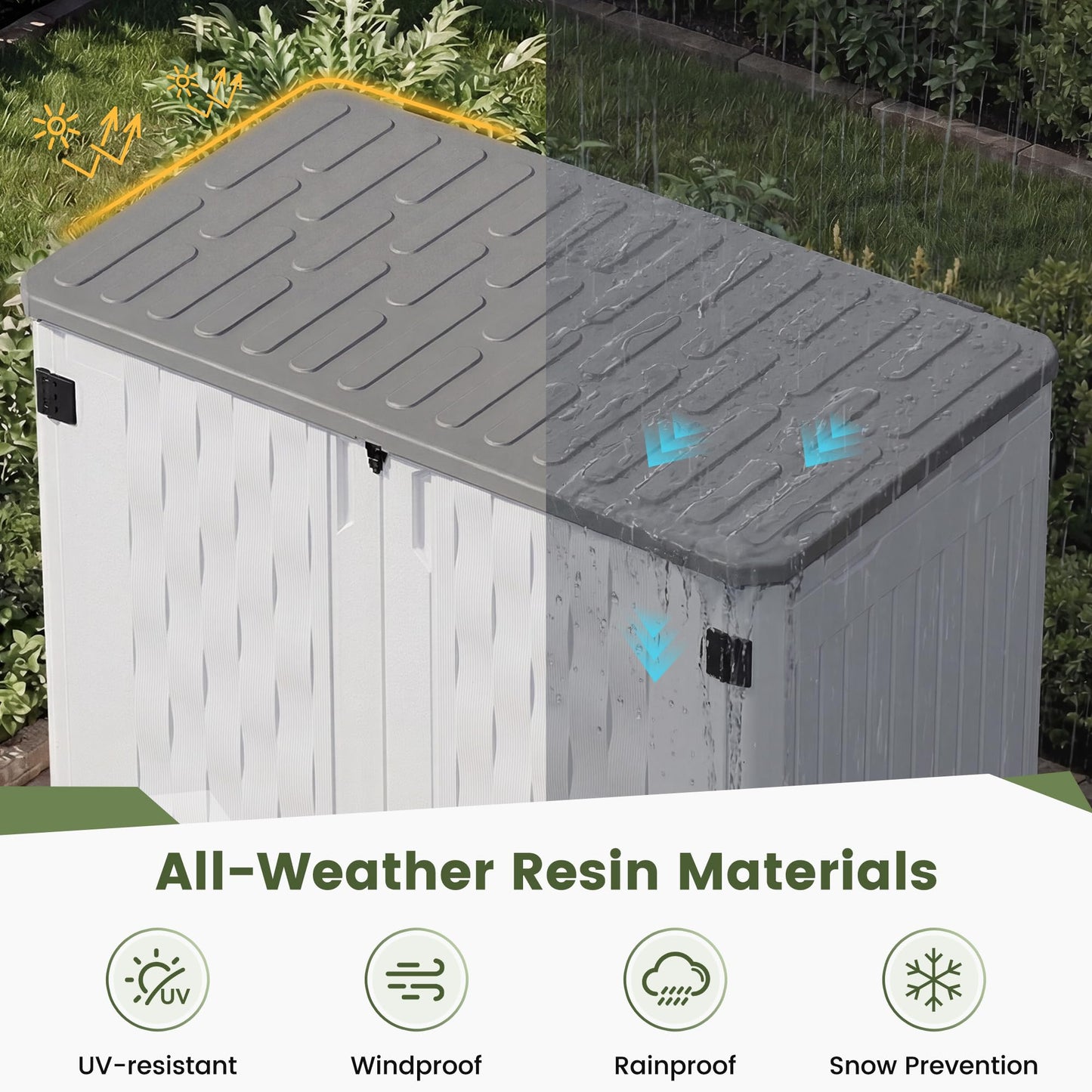 UDPATIO 34 Cu.Ft Resin Outdoor Storage Shed, Patio Plastic Vertical Sheds with Floor, Waterproof Bin Shed Horizontal Storage Cabinet for Patio, Backyards, Garden, Pool, Tool Shed