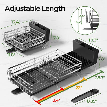 Pantasia Large Dish Drying Rack, Expandable Dish Rack, Stainless Steel Anti-Rust Dish Racks for Kitchen Counter, Multifunctional Dish Drainer with Utensil Holder & Cup Holder, 13.4"-28.7" L x 11.8" W