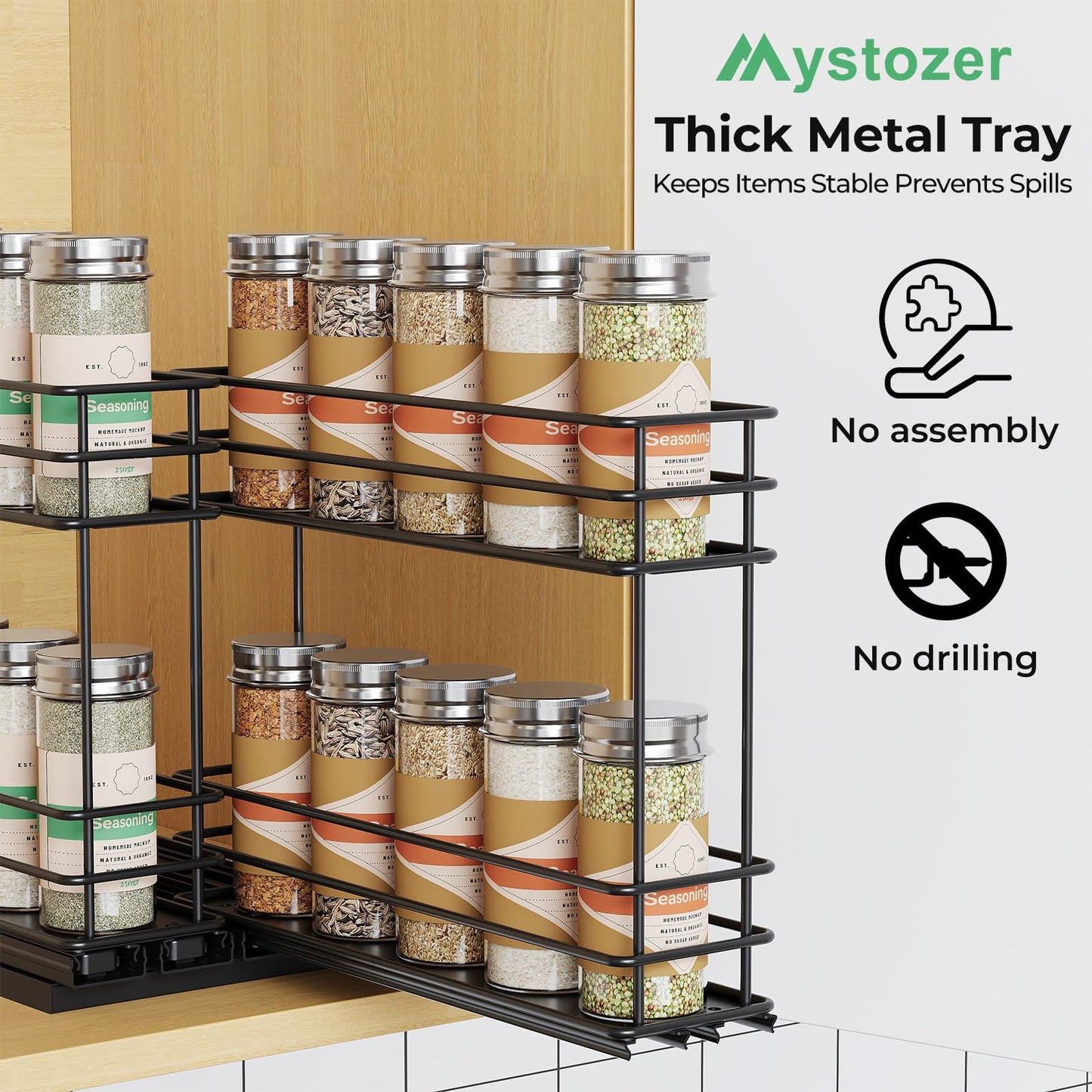 Pull Out Spice Rack Organizer for Cabinet, Slide Out Spice Racks, Easy to Install, 2.1''Wx10.35''Dx8.26''H, 3 Drawers 2 Tiers(Black)