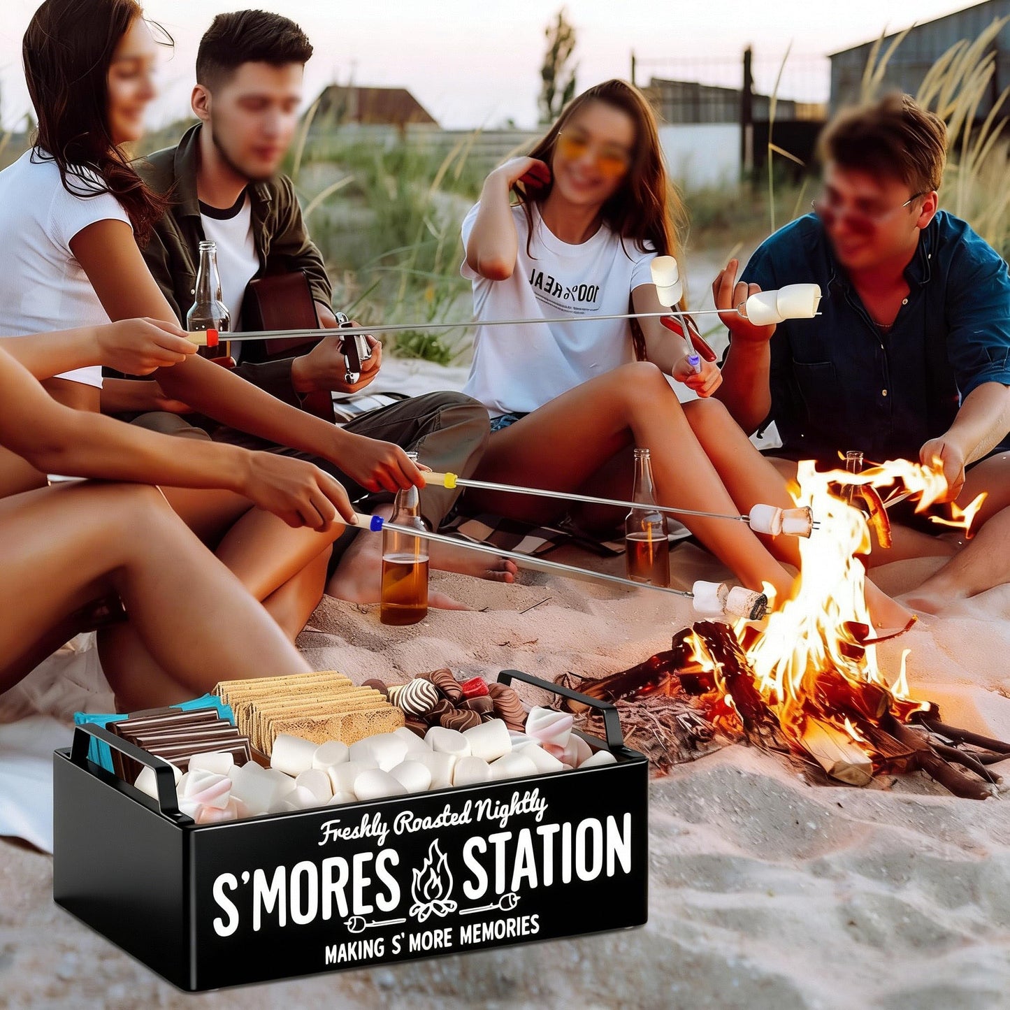 Farmhouse Smores Station, Wooden Smores Caddy with Handles, S'Mores Bar Holder with 5Pcs Extendable Smores Sticks, Smores Maker Box for Smores Kit, Outdoor Fire Pit Camping Essentials Cooking (Black)