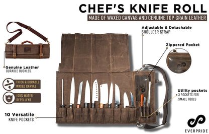EVERPRIDE Waxed Canvas and Leather Chef Knife Roll Bag – Chef Bag Holds 10 Knives up to 15” PLUS Pocket for Cooking Accessories – Durable Knife Case for Professional Chefs – Knives Not Included
