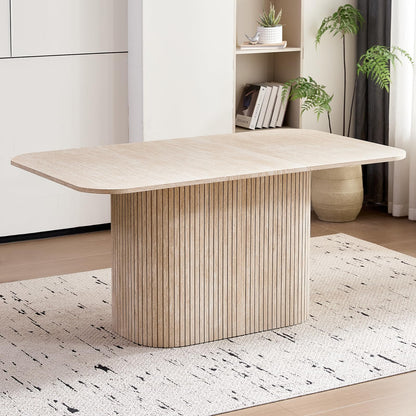 63" Inch Modern Oval Dining Table with Rounded Corners & Wood Strip Pedestal Base, Kitchen Table for Dining Room, Beige Stone Patterned(Table Only)