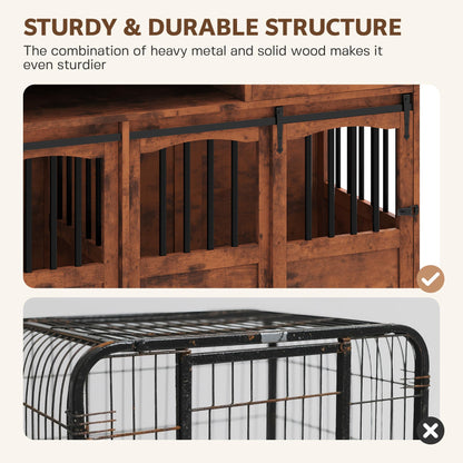 Homiflex 72" Double Dog Crate Furniture with Storage for 2 Medium Large Dogs Farmhouse Wooden Dog Kennel Furniture with 2 Sliding Doors Divider & Power Outlets Decorative Dog Cage TV Stand, Brown