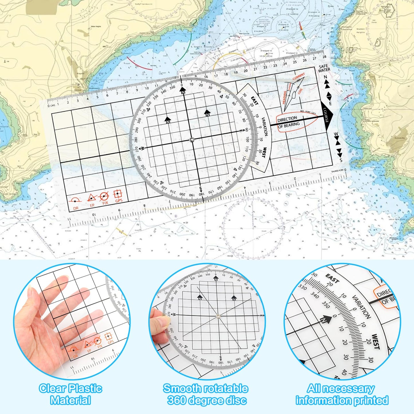 Ironwarrior 3 Pcs Basic Navigation Set,Including 15inch Parallel Ruler with Brass Arms, Nautical Protractor, and 6 Inch Marine Fixed Points Divider, Marine Accessories with Clear Scales for Boat