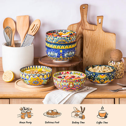 Henten Home Ceramic 28 oz Soup Bowls, Boho Style Cereal Bowl Set, Colorful Serving Bowls for Salad, Pasta, Rice, Set of 6, Dishwasher & Microwave Safe