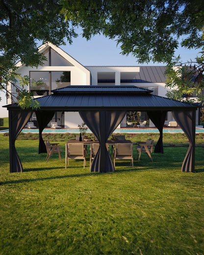 GarveeLife Outdoor Gazebo 12x18 Hardtop, Pergolas and Gazebos Clearance, Aluminum Frame Pavilion with Double Roof, Canopy Tent, Mosquito Netting & Privacy Curtains for Patio, Garden, Deck