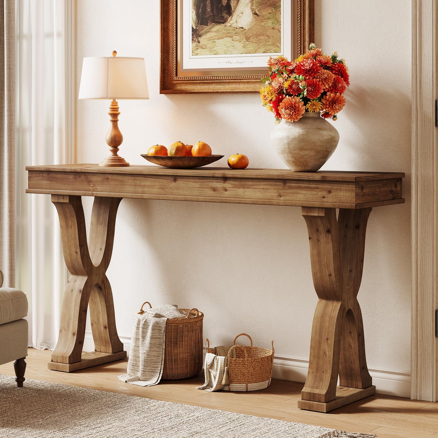 TRIBEWOOD 63-Inch Solid Wood Console Table, Farmhouse Entryway Table with X-Shaped Legs, Long Sofa Table for Living Room, Hallway, or Foyer, Easy Assembly, Anti-tip Kits
