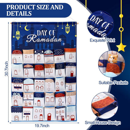 Fanfanwin Ramadan Countdown Calendar Fabric 30 Days Mystery Eid Countdown Calendar House Design Ramadan Wall Decor with 30 Pockets Blue Eid Mubarak Poster Gift for Home Wall Decor
