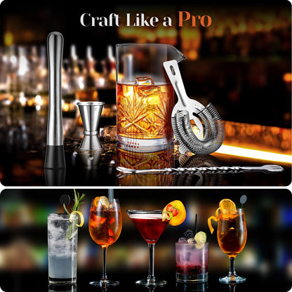 Cocktail Mixing Glass, veecom 18oz Crystal Bartender Kit, 5 Piece Bar Mixing Glass Old Fashioned Cocktail Kit with Strainer, Muddler, Spoon, Jigger, Cocktail Mixer