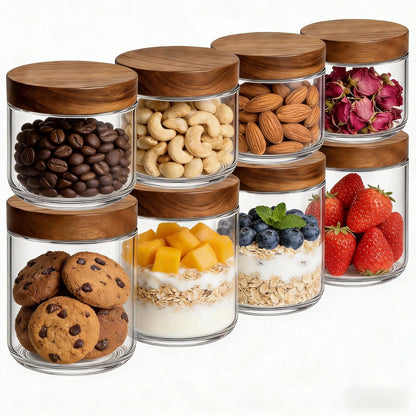 16oz+8oz 8-Pack Bumobum Overnight Oats Containers with Lids, Glass Mason Jars with Acacia Wood Airtight Lid, Wide Mouth