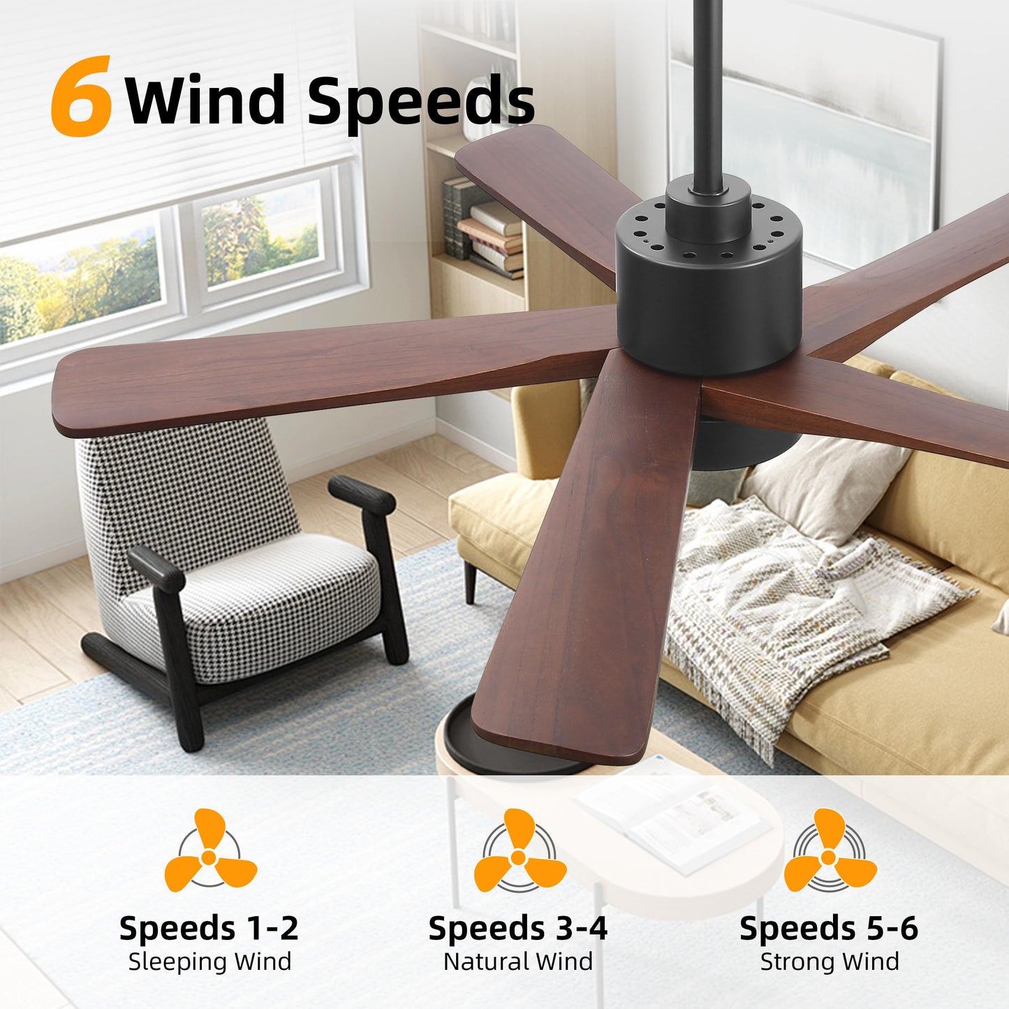 WINGBO 48 Inch DC Ceiling Fan with Lights and Remote Control, 5 Carved Solid Wood Blades, 6-Speed Noiseless Reversible DC Motor, Indoor Ceiling Fan in Matte Black Finish with Walnut Blades