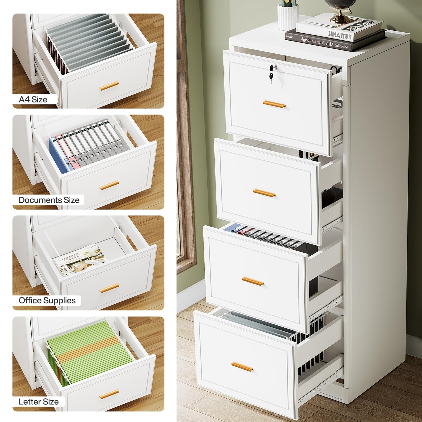 Tribesigns 4-Drawer File Cabinet with Lock, Locked File Cabinet with Key, Tall Wooden Filing Cabinets for Home Office, Vertical Office Storage for Legal Size/Letter/A4/Files, White