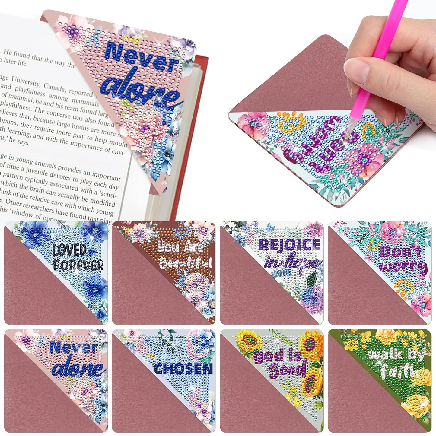 INCOK Christian Diamond Painting Bookmarks - 8 Pcs Bible Verse Triangle Diamond Art Corner Bookmarks Kits Inspirational Flower Religious DIY Bookmarks for Reading Lover Beginner Adults Crafts Kit Gift