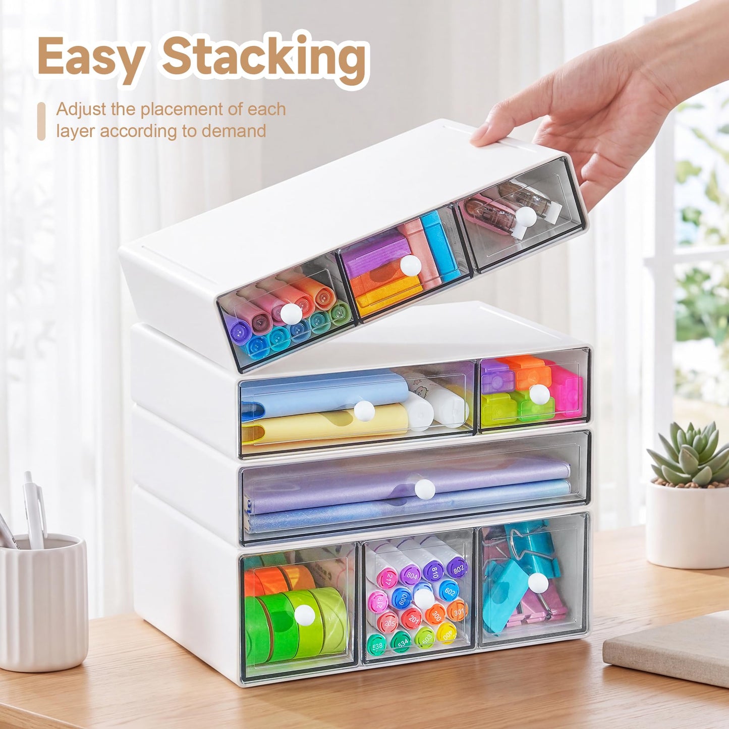 AZ. MIFENO Desk Organizer with 9 Drawers, 4 Tiers Stackable Storage Drawers, Desktop Storage Box with Clear Drawers for Stationery, Makeup, Jewelry, Office and Craft Supplies (White)