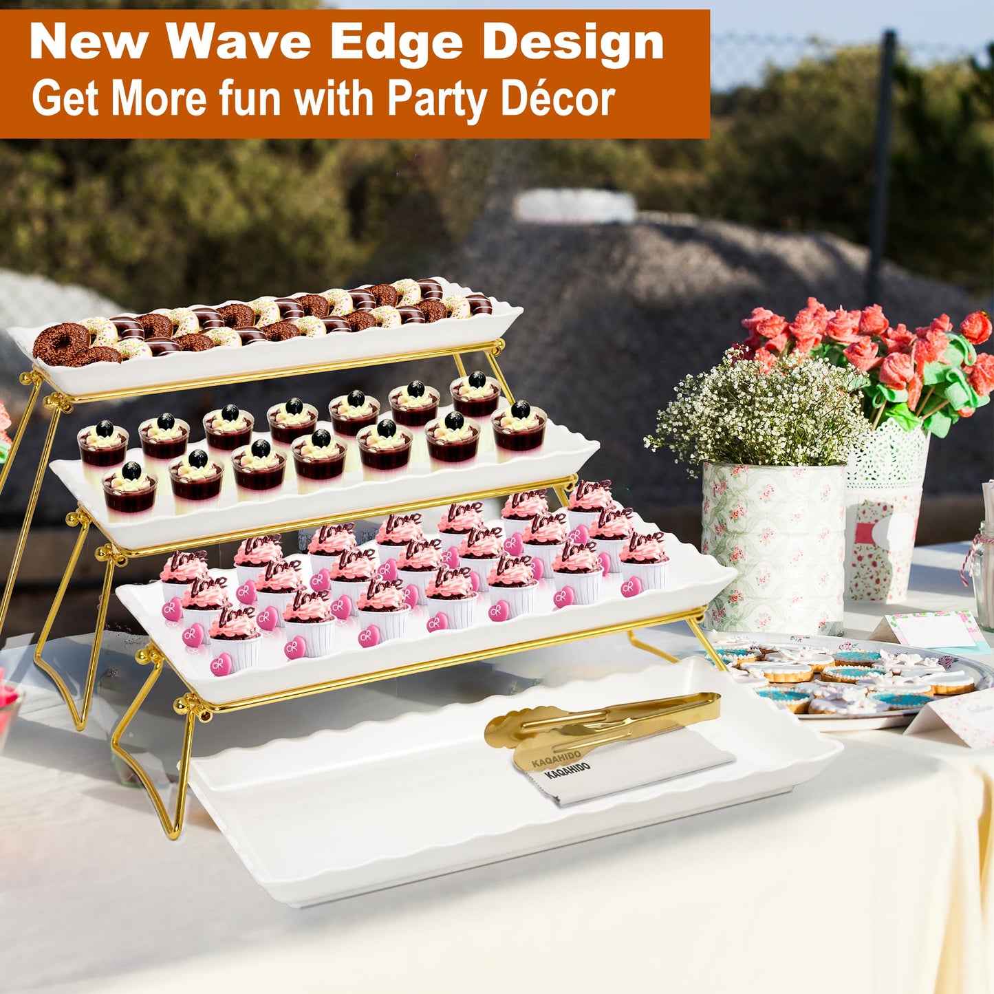 KAQAHIDO Extra Large 4 Tier Serving Tray Set, 34x22x10 inch Wave Edge Melamine Dessert Table Display Set, Tiered Trays Stand for Party Buffet Entertaining, Gold and White