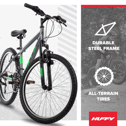 Huffy Stone Mountain Mens 24 Inch Mountain Bike, Charcoal Gloss Frame, 21-Speed Shimano Twist Shifting, Front Suspension, Comfort Saddle | 20"/24"/26" Sizes, 6-21 Speeds, Dual Suspension Available