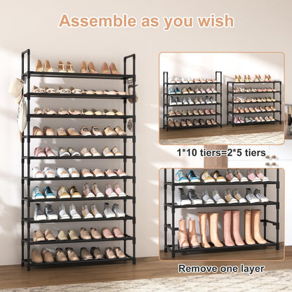 VTRIN 10 Tier Shoe Rack Tall Large Capacity Wide Shoe Organizer with Two Hooks Sturdy Metal Shoe Shelf for Entryway, Closet, Bedroom
