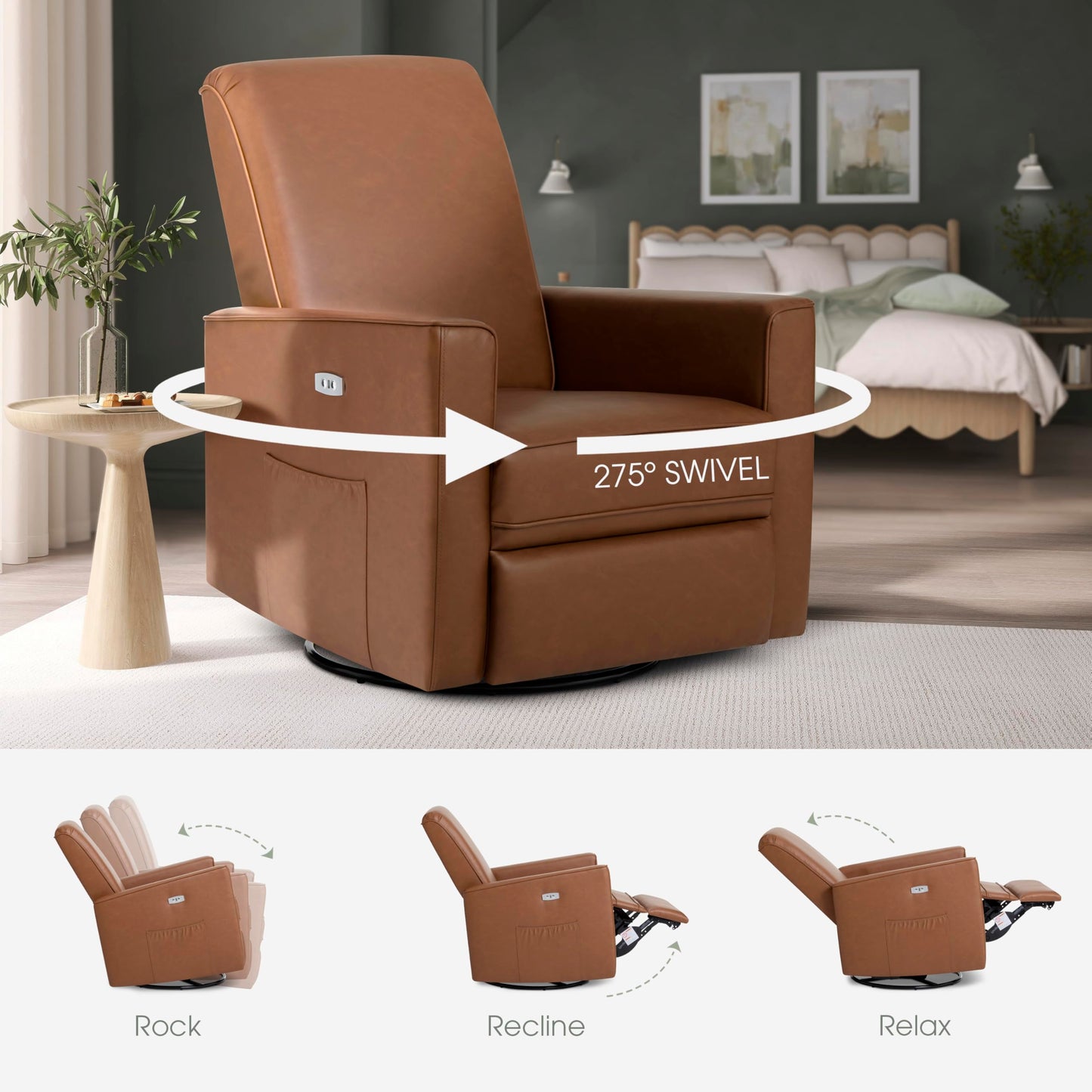 Evolur Harlow Upholstered Power Glider Recliner with USB Charging – Rocking & 275° Swivel with Smooth Glide – Greenguard Gold & FSC Certified – Modern Nursery and Living Room Chair in Cognac
