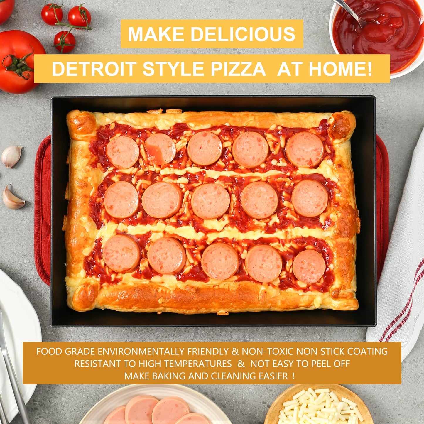 Jisculo Detroit Style Pizza Pan 10x14x2.5 (Non-Stick, BPA & PFOA Free) Heat-Resistant Up to 800°F, Pre-Seasoned Authentic Hard Anodized Detroit Deep Dish Pizza Pan, Five-Year Free Replacement